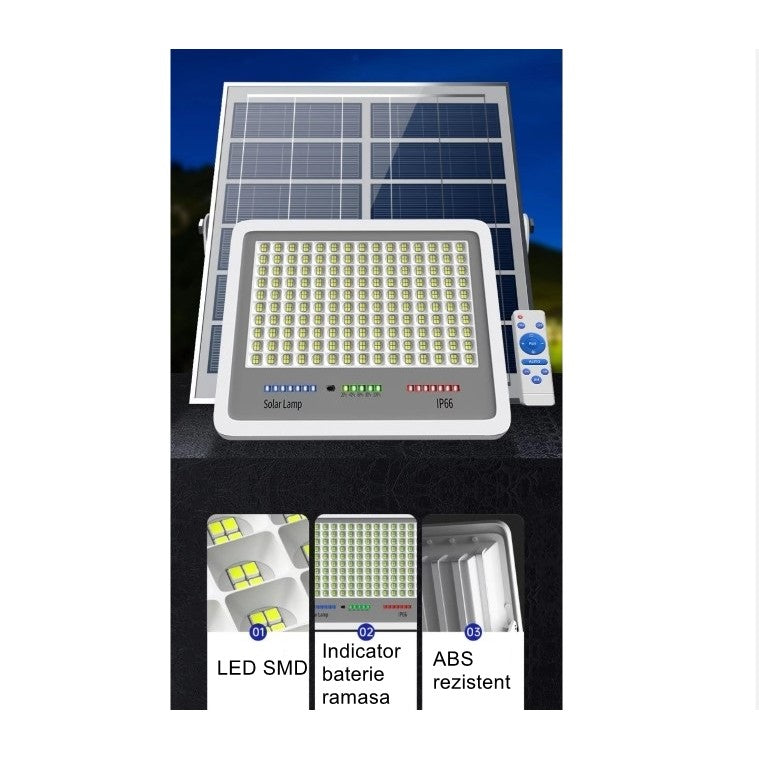 Proiector Led Cu Panou Solar, Senzor Lumina, Waterproof, 396 Led-Uri Incorporate, 200W, 30X24 Cm, Ip67, Design Modern, Negru - vivimall.ro