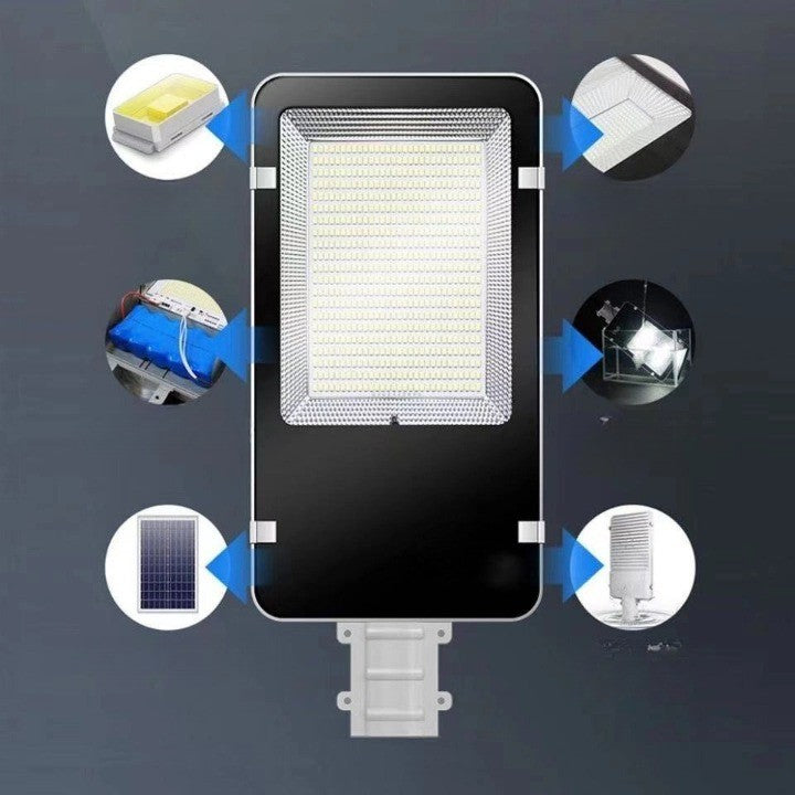 Proiector LED pentru stalp, casa, perete cu suport metalic inclus, Flippy, 38,5 cm x 14,2 cm, Rezistent la Apa IP65, cu Panou Solar, 240 COB LED, 100 W, Senzor de lumina, Timer, cu Telecomanda, intensitate reglabila, kit montaj inclus, Lumina Rece