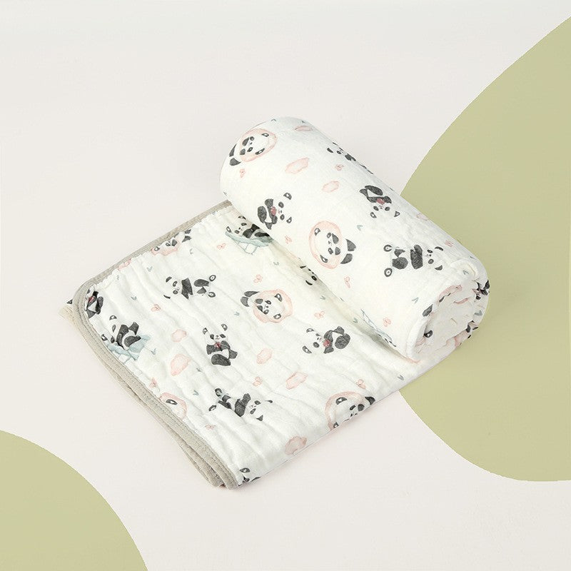 Prosop De Baie Din Bumbac Si Tifon Pentru Bebelusi, Cu Sase Straturi, Pentru Copii, 110X110 Cm, Model Panda, Bej Verde - vivimall.ro