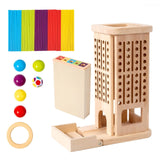 Jucărie Montessori Flippy 3 în 1 din lemn masiv, turn cu bețișoare și bile multicolor, vedere frontală completă