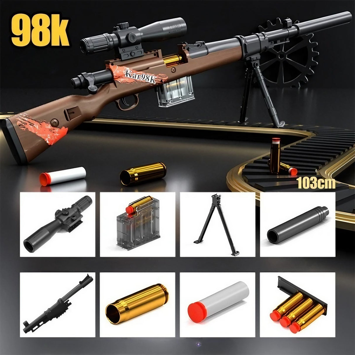 Pusca de Jucarie 98K Ultrarealista, Vivimall, Manuala, cu Luneta, 10 de Proiectile din Spuma Moale, 5 Cartuse, 103 cm, 14 ani+, Maro - vivimall.ro