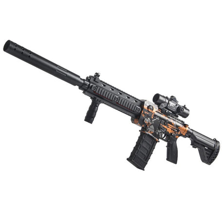 Pusca de Jucarie M416 Ultrarealista, Vivimall, cu Luneta, 10 de Proiectile din Spuma Moale, fara Cartuse, 95 cm, 8 ani+, Negru Portocaliu - vivimall.ro