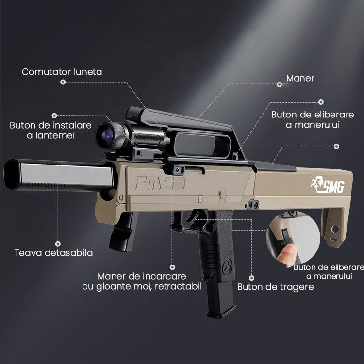 Pusca Mitraliera de Jucarie Pliabila, Vivimall, cu 10 Gloante Moi Reutilizabile de Gel incluse, Varsta 14+, 69 x 35 x 5 cm, Maro deschis - vivimall.ro