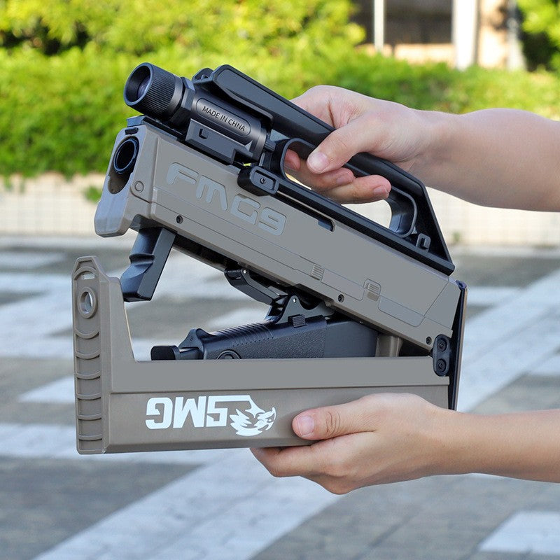 Pusca Mitraliera de Jucarie Pliabila, Vivimall, cu 10 Gloante Moi Reutilizabile de Gel incluse, Varsta 14+, 69 x 35 x 5 cm, Maro deschis - vivimall.ro