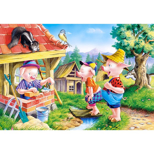 Puzzle 60 de Piese din Lemn in Cutie Metalica, Flippy, Model Cei Trei Purcelusi, Educativ, Dezvoltare Abilitati Cognitive, pentru Prescolari, 22.5x13.5 cm, Multicolor