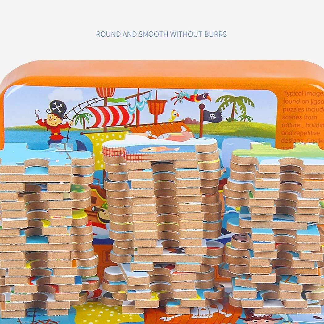 Puzzle 60 De Piese Din Lemn In Cutie Metalica, Model Cei Trei Purcelusi, Educativ, Dezvoltare Abilitati Cognitive, Pentru Prescolari, 22.5X13.5 Cm, Multicolor - vivimall.ro