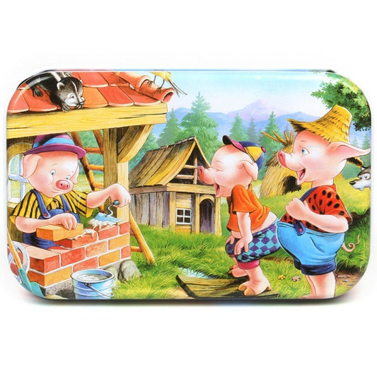 Puzzle 60 de Piese din Lemn in Cutie Metalica, Vivimall, Model Cei Trei Purcelusi, Educativ, Dezvoltare Abilitati Cognitive, pentru Prescolari, 22.5x13.5 cm, Multicolor - vivimall.ro