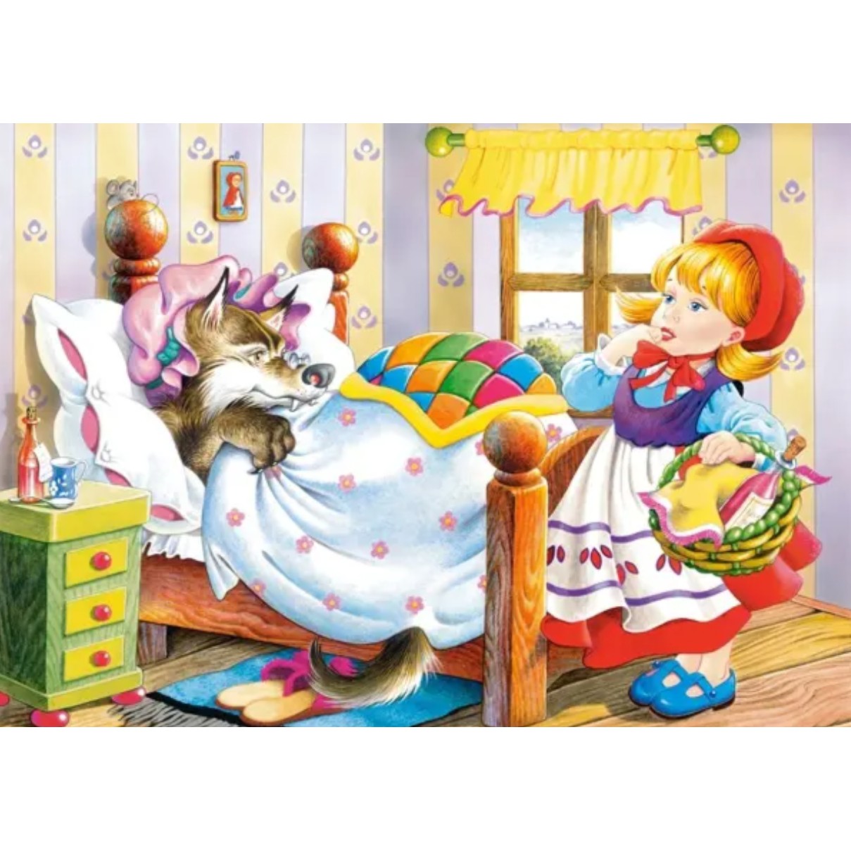 Puzzle 60 de Piese din Lemn in Cutie Metalica, Flippy, Model Scufita Rosie, Educativ, Dezvoltare Abilitati Cognitive, pentru Prescolari, 22.5x13.5 cm, Multicolor