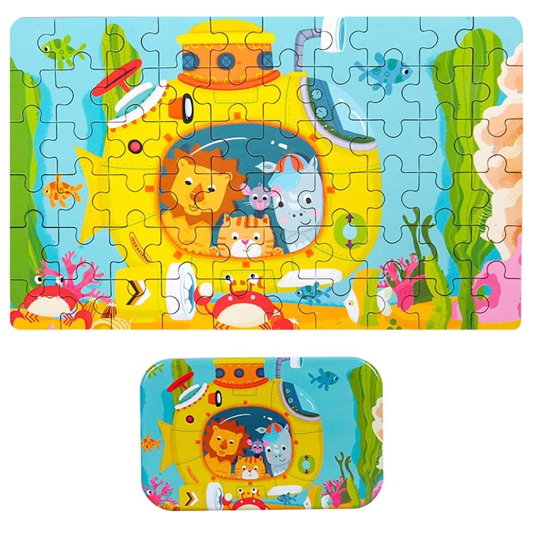Puzzle 60 De Piese Din Lemn In Cutie Metalica, Model Submarin, Educativ, Dezvoltare Abilitati Cognitive, Pentru Prescolari, 22.5X13.5 Cm, Multicolor - vivimall.ro