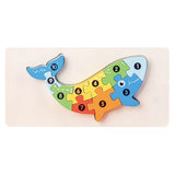 Puzzle din lemn 3D Flippy Montessori, model Balenă multicolor, 11 piese, vedere frontală completă