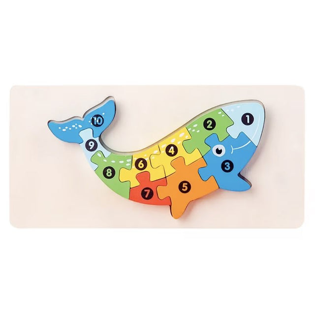 Puzzle din lemn 3D Flippy Montessori, model Balenă multicolor, 11 piese, vedere frontală completă