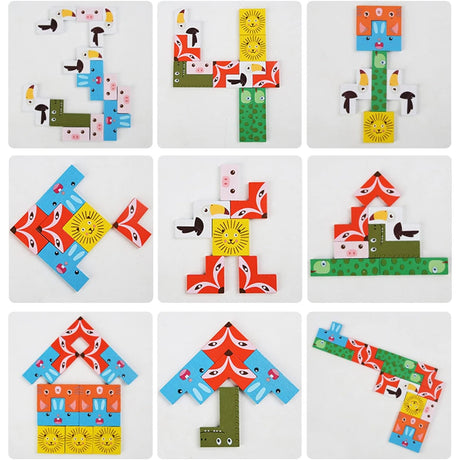 Puzzle Din Lemn Tip Tetris, +4 Ani, Cu Animale Colorate 3D, 40 Piese - vivimall.ro