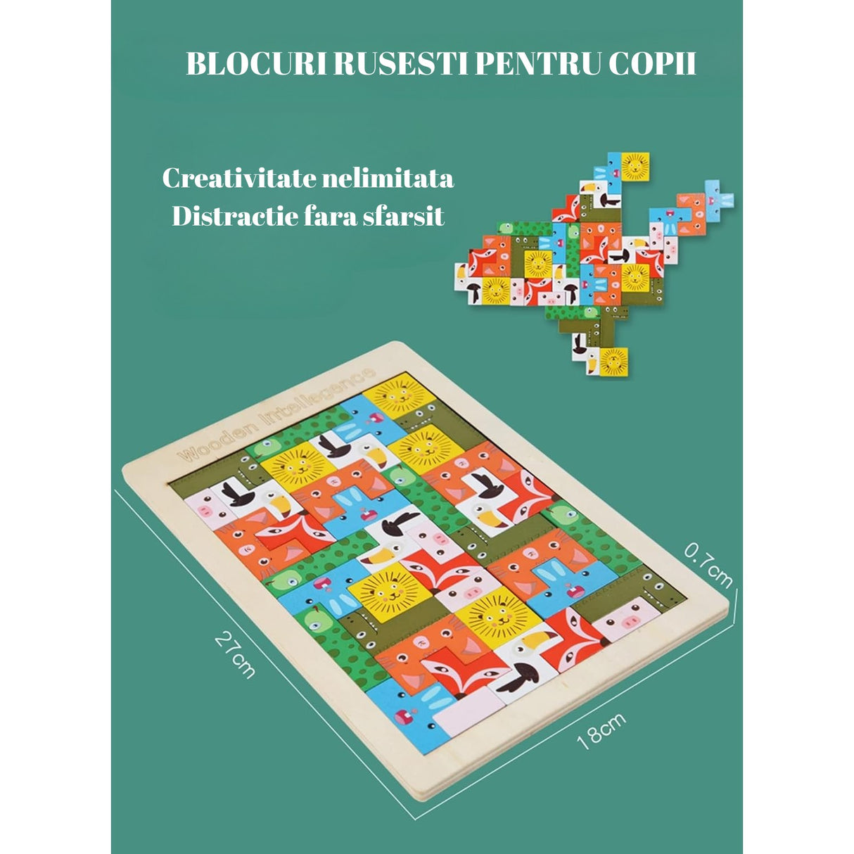 Puzzle Din Lemn Tip Tetris, +4 Ani, Cu Animale Colorate 3D, 40 Piese - vivimall.ro