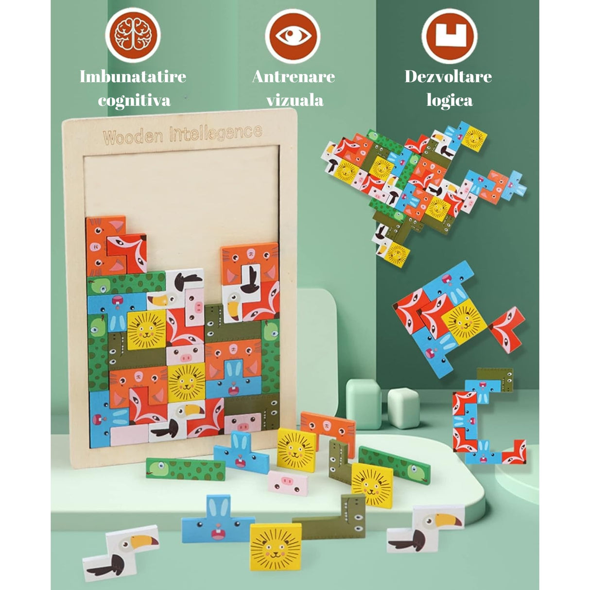 Puzzle Din Lemn Tip Tetris, +4 Ani, Cu Animale Colorate 3D, 40 Piese - vivimall.ro