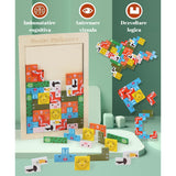 Puzzle Din Lemn Tip Tetris, +4 Ani, Cu Animale Colorate 3D, 40 Piese - vivimall.ro