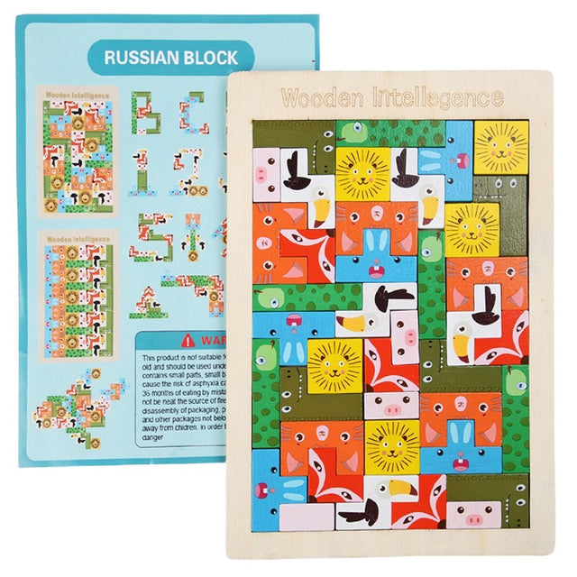 Puzzle Din Lemn Tip Tetris, +4 Ani, Cu Animale Colorate 3D, 40 Piese - vivimall.ro