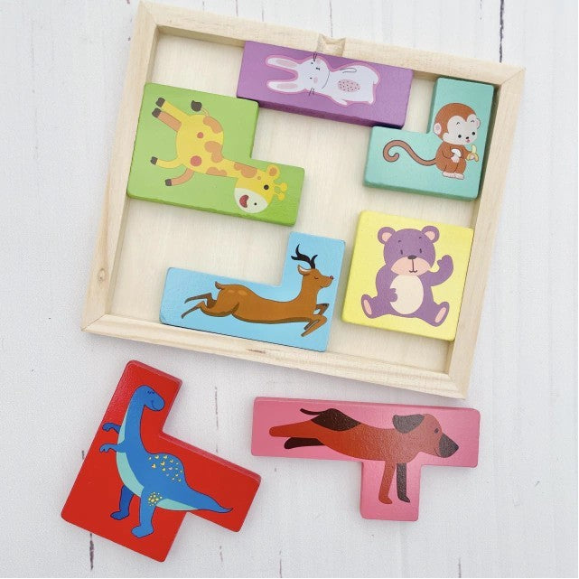 Puzzle Din Lemn Tip Tetris, +4 Ani, Cu Animale Colorate 3D, 7 Piese - vivimall.ro