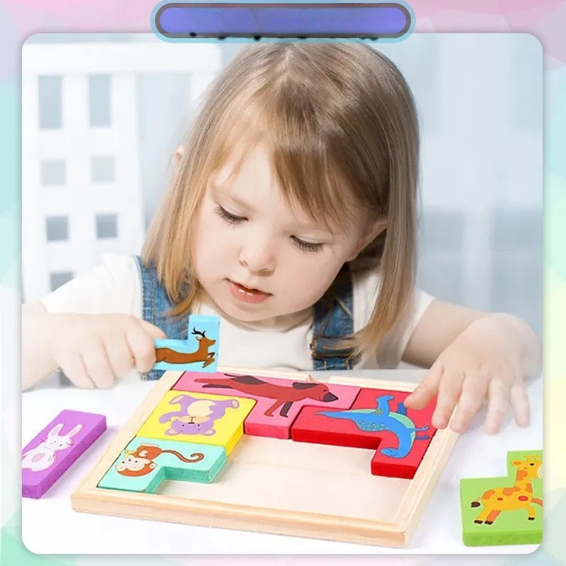 Puzzle Din Lemn Tip Tetris, +4 Ani, Cu Animale Colorate 3D, 7 Piese - vivimall.ro