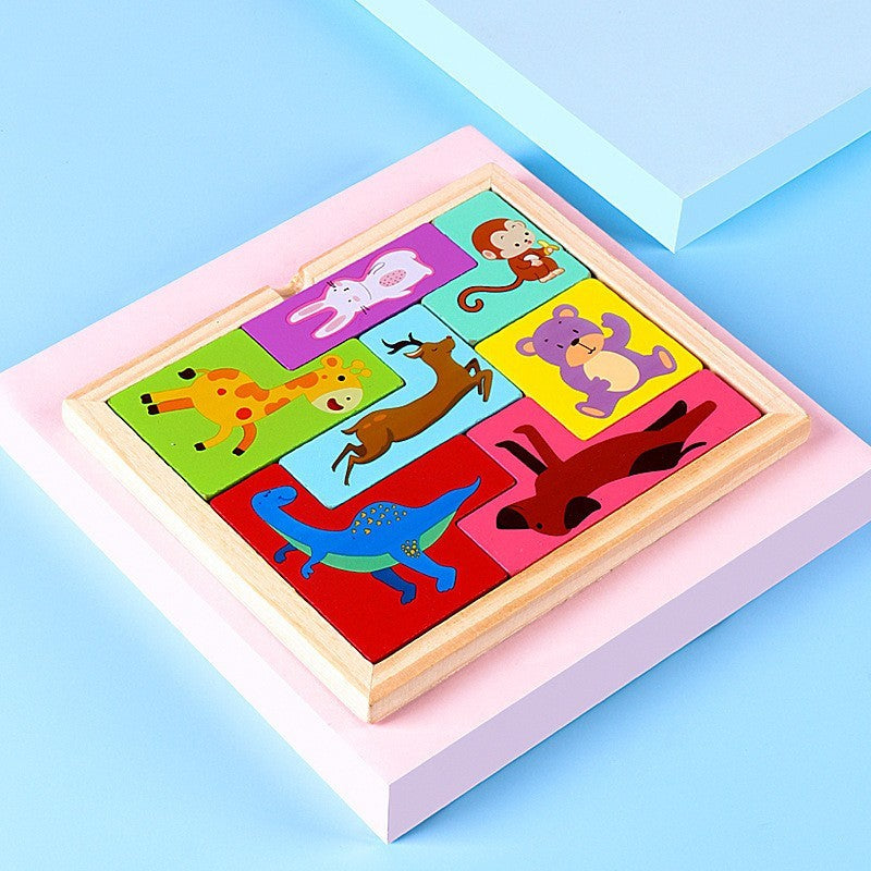 Puzzle Din Lemn Tip Tetris, +4 Ani, Cu Animale Colorate 3D, 7 Piese - vivimall.ro