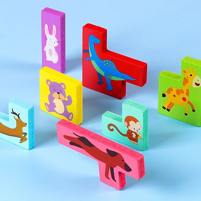 Puzzle Din Lemn Tip Tetris, +4 Ani, Cu Animale Colorate 3D, 7 Piese - vivimall.ro