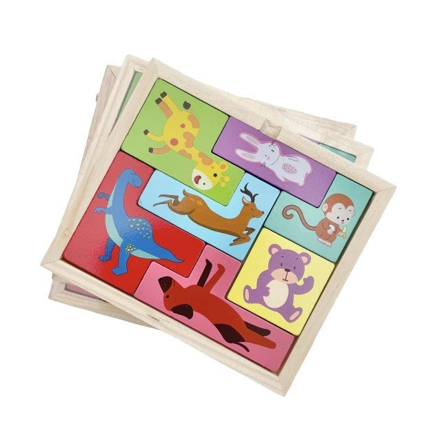 Puzzle Din Lemn Tip Tetris, +4 Ani, Cu Animale Colorate 3D, 7 Piese - vivimall.ro