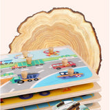 Detaliu piese puzzle Montessori din lemn natural, model Sporturi, dimensiuni 30x22.5 cm, finisaj colorat