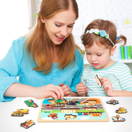 Puzzle Montessori Din Lemn Pentru Copii, 0-3 Ani, 3D, Model Transporturi, Educativ, Intuitiv, Creativ, 9 Piese, 30X22.5X0.8 Cm, Multicolor - vivimall.ro