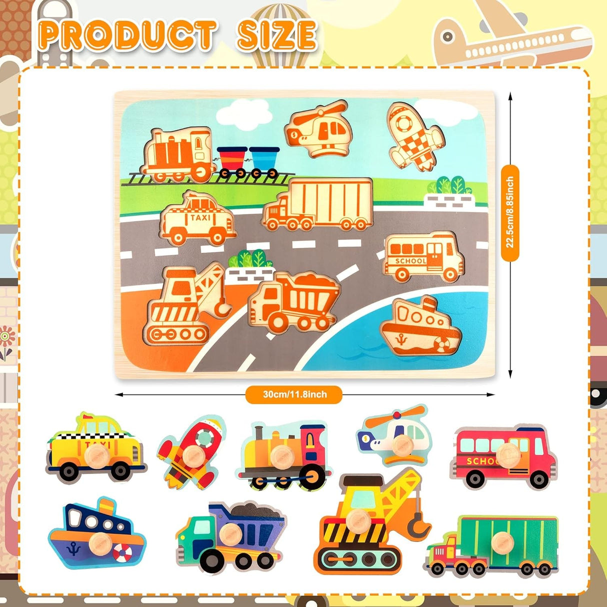Puzzle Montessori Din Lemn Pentru Copii, 0-3 Ani, 3D, Model Transporturi, Educativ, Intuitiv, Creativ, 9 Piese, 30X22.5X0.8 Cm, Multicolor - vivimall.ro