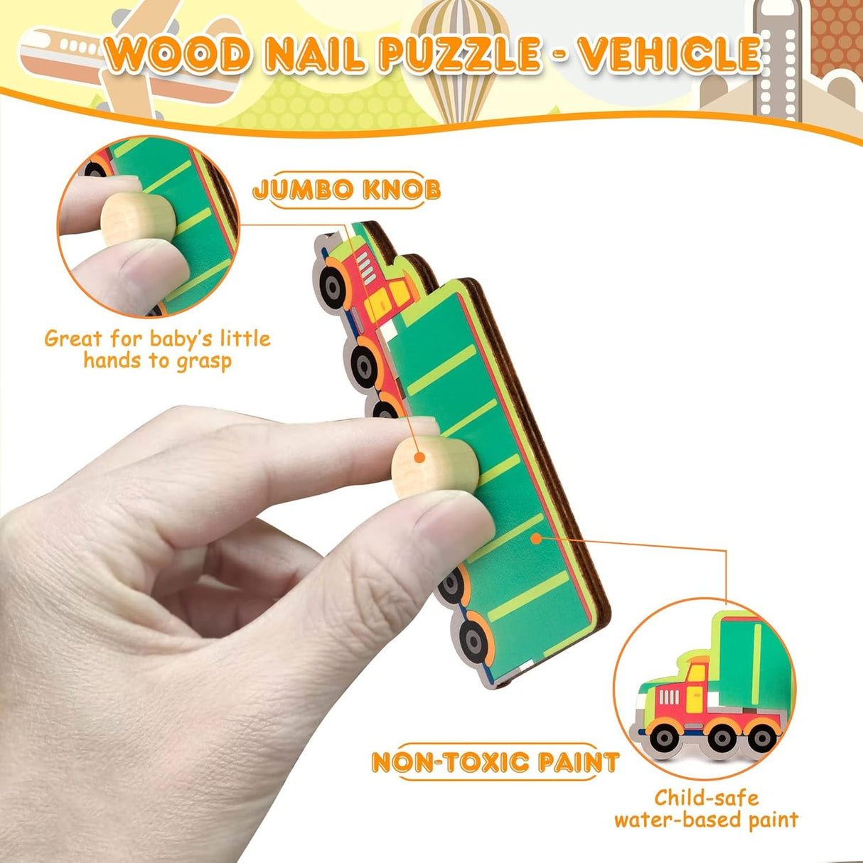 Puzzle Montessori Din Lemn Pentru Copii, 0-3 Ani, 3D, Model Transporturi, Educativ, Intuitiv, Creativ, 9 Piese, 30X22.5X0.8 Cm, Multicolor - vivimall.ro