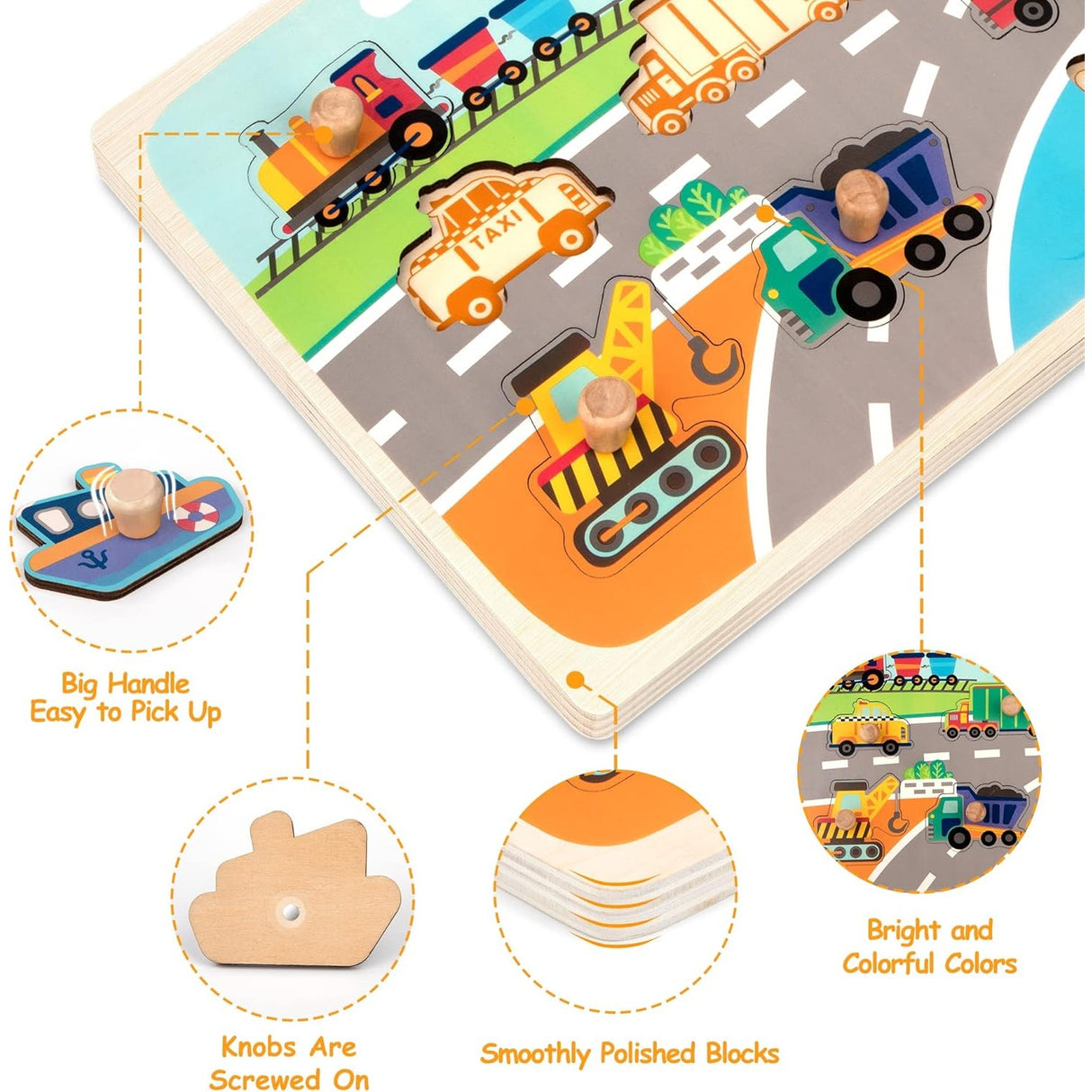Puzzle Montessori Din Lemn Pentru Copii, 0-3 Ani, 3D, Model Transporturi, Educativ, Intuitiv, Creativ, 9 Piese, 30X22.5X0.8 Cm, Multicolor - vivimall.ro
