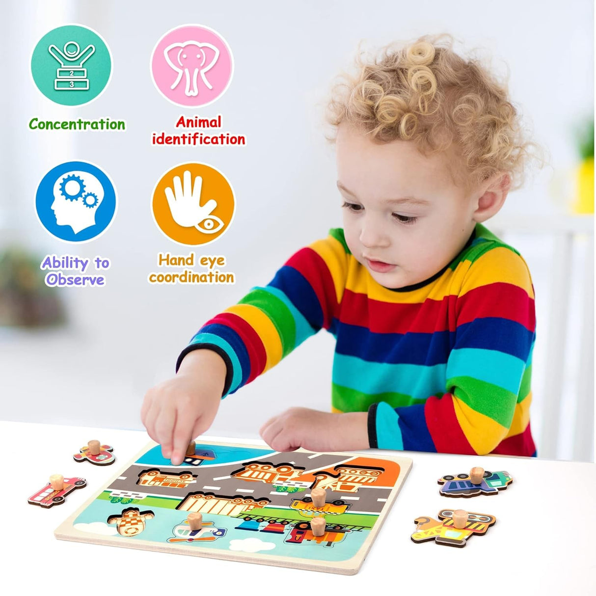 Puzzle Montessori Din Lemn Pentru Copii, 0-3 Ani, 3D, Model Transporturi, Educativ, Intuitiv, Creativ, 9 Piese, 30X22.5X0.8 Cm, Multicolor - vivimall.ro