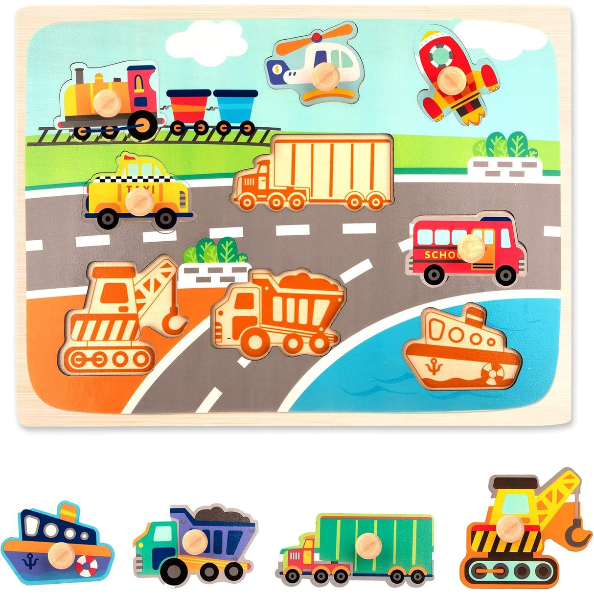 Puzzle Montessori Din Lemn Pentru Copii, 0-3 Ani, 3D, Model Transporturi, Educativ, Intuitiv, Creativ, 9 Piese, 30X22.5X0.8 Cm, Multicolor - vivimall.ro