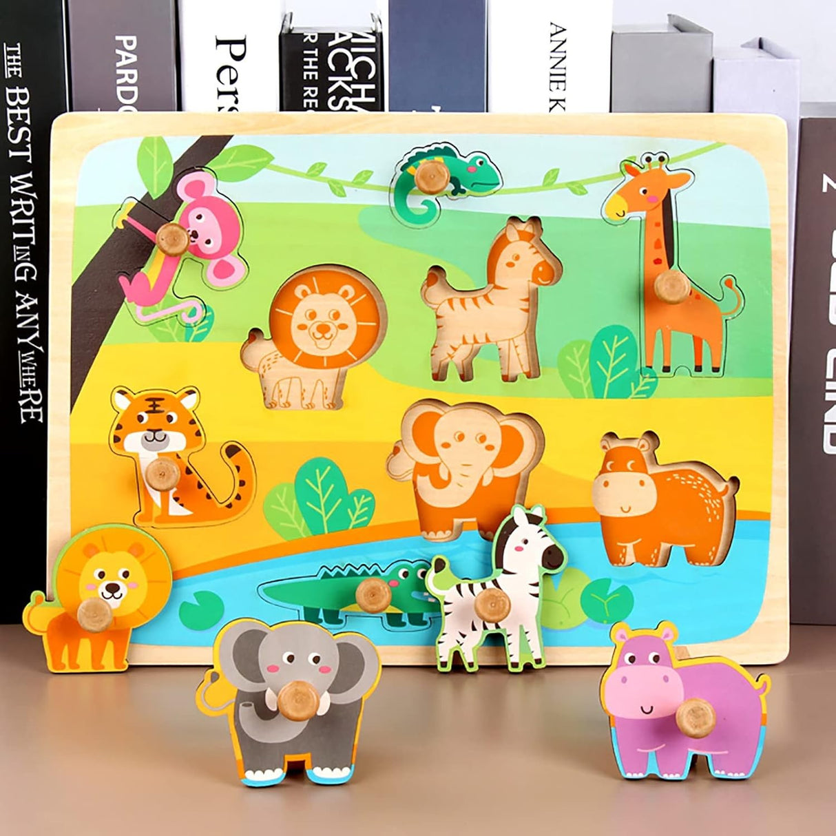 Puzzle Montessori din Lemn pentru Copii, Flippy, 0-3 Ani, Model Animale din Jungla, Educativ, Intuitiv, Creativ, 9 Piese, 30x22.5x0.8 cm, Multicolor
