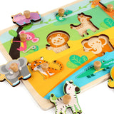 Puzzle Montessori din Lemn pentru Copii, Flippy, 0-3 Ani, Model Animale din Jungla, Educativ, Intuitiv, Creativ, 9 Piese, 30x22.5x0.8 cm, Multicolor