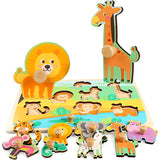 Puzzle Montessori din Lemn pentru Copii, Flippy, 0-3 Ani, Model Animale din Jungla, Educativ, Intuitiv, Creativ, 9 Piese, 30x22.5x0.8 cm, Multicolor