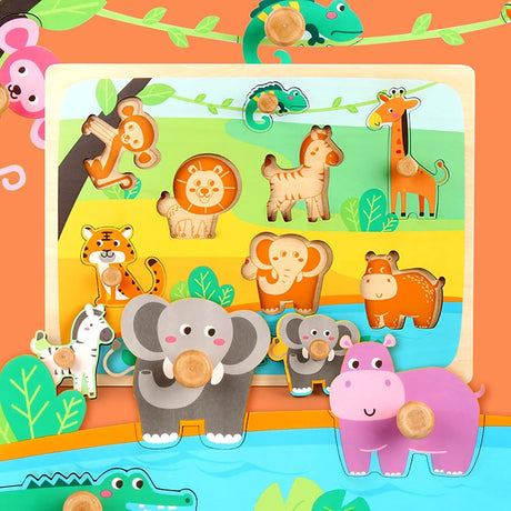 Puzzle Montessori Din Lemn Pentru Copii, 0-3 Ani, Model Animale Din Jungla, Educativ, Intuitiv, Creativ, 9 Piese, 30X22.5X0.8 Cm, Multicolor - vivimall.ro