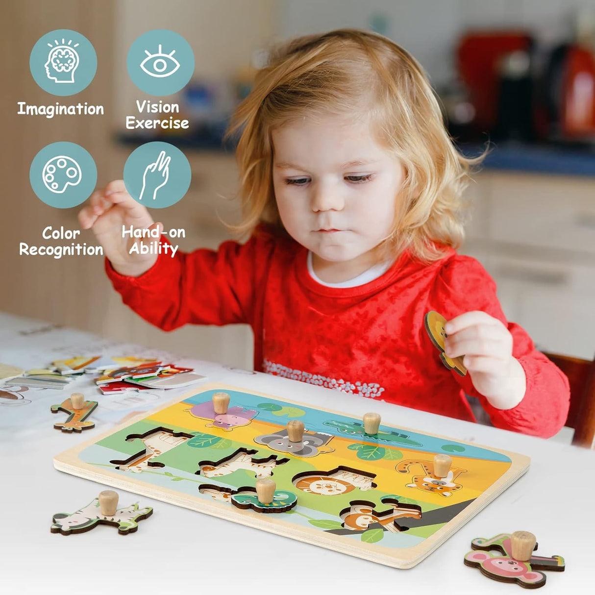 Puzzle Montessori Din Lemn Pentru Copii, 0-3 Ani, Model Animale Din Jungla, Educativ, Intuitiv, Creativ, 9 Piese, 30X22.5X0.8 Cm, Multicolor - vivimall.ro