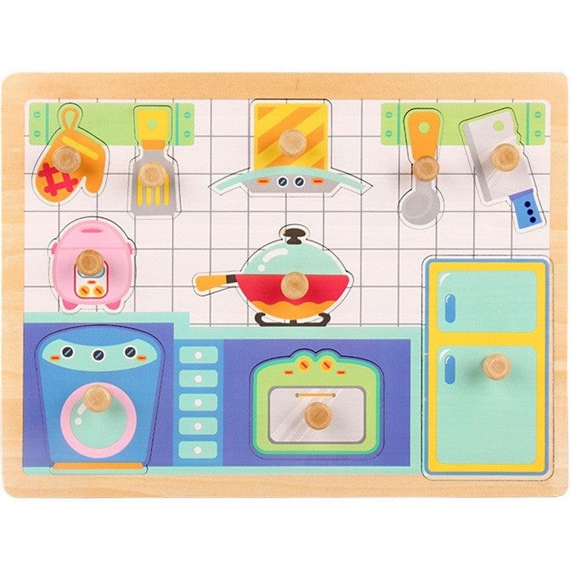 Puzzle Montessori din Lemn pentru Copii, Flippy, 3D, 0-3 Ani, Model Bucatarie, Educativ, Intuitiv, Creativ, 10 Piese, 30x22.5x0.8 cm, Multicolor