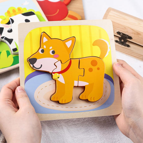 Puzzle Montessori Din Lemn Pentru Copii, 3D, 0-3 Ani, Model Catel, Educativ, Intuitiv, Creativ, 3 Piese, 15X15X0.5 Cm, Multicolor - vivimall.ro