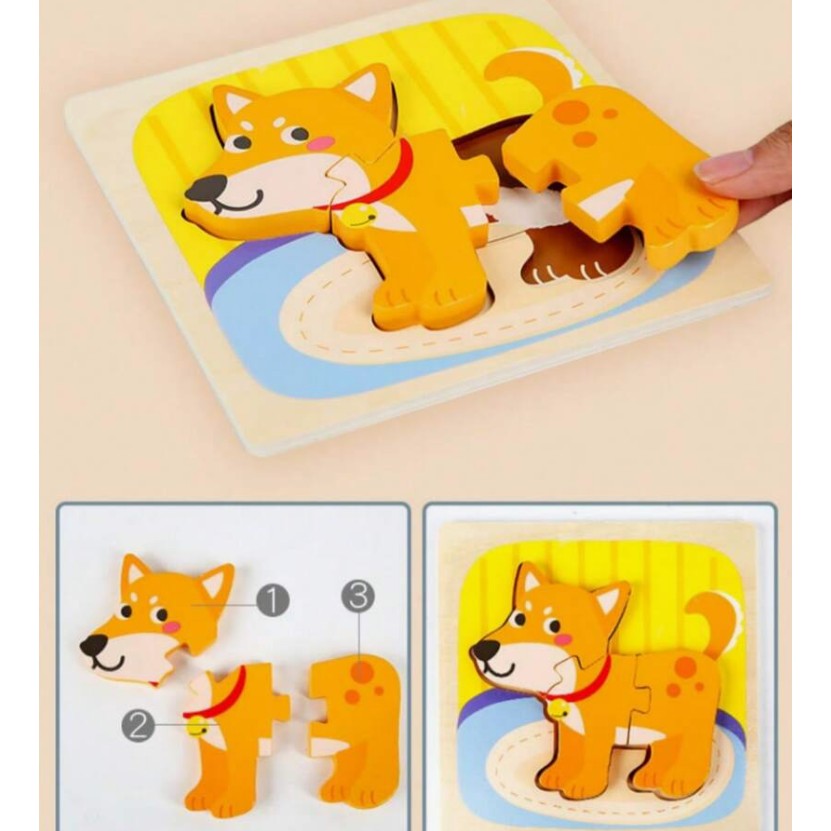Puzzle Montessori Din Lemn Pentru Copii, 3D, 0-3 Ani, Model Catel, Educativ, Intuitiv, Creativ, 3 Piese, 15X15X0.5 Cm, Multicolor - vivimall.ro