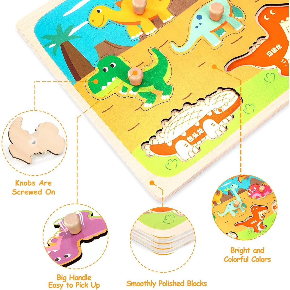 Puzzle Montessori din Lemn pentru Copii, Flippy, 3D, 0-3 Ani, Model Dinozauri, Educativ, Intuitiv, Creativ, 8 Piese, 30x22.5x0.8 cm, Multicolor