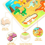 Puzzle Montessori din Lemn pentru Copii, Flippy, 3D, 0-3 Ani, Model Dinozauri, Educativ, Intuitiv, Creativ, 8 Piese, 30x22.5x0.8 cm, Multicolor
