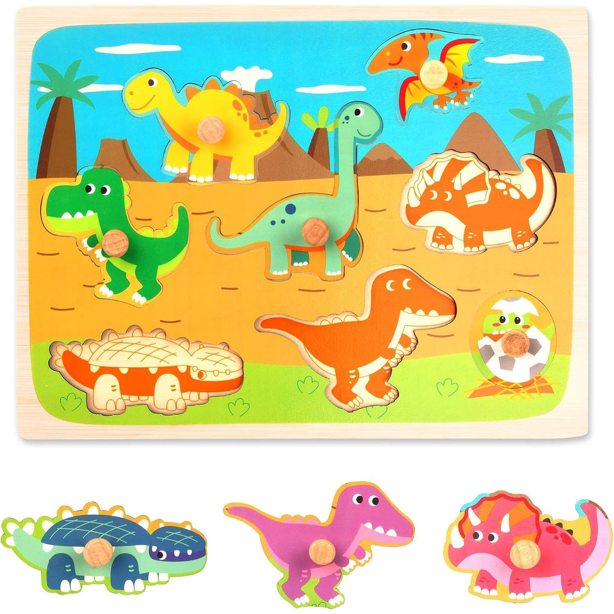 Puzzle Montessori Din Lemn Pentru Copii, 3D, 0-3 Ani, Model Dinozauri, Educativ, Intuitiv, Creativ, 8 Piese, 30X22.5X0.8 Cm, Multicolor - vivimall.ro