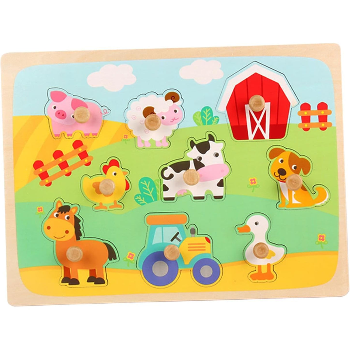 Puzzle Montessori Din Lemn Pentru Copii, 3D, 0-3 Ani, Model Ferma, Educativ, Intuitiv, Creativ, 9 Piese, 30X22.5X0.8 Cm, Multicolor - vivimall.ro