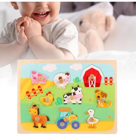 Puzzle Montessori Din Lemn Pentru Copii, 3D, 0-3 Ani, Model Ferma, Educativ, Intuitiv, Creativ, 9 Piese, 30X22.5X0.8 Cm, Multicolor - vivimall.ro