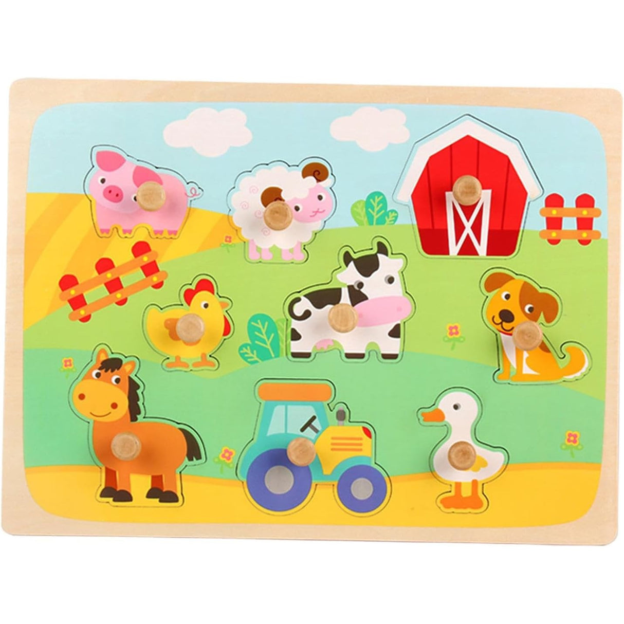 Puzzle Montessori Din Lemn Pentru Copii, 3D, 0-3 Ani, Model Ferma, Educativ, Intuitiv, Creativ, 9 Piese, 30X22.5X0.8 Cm, Multicolor - vivimall.ro