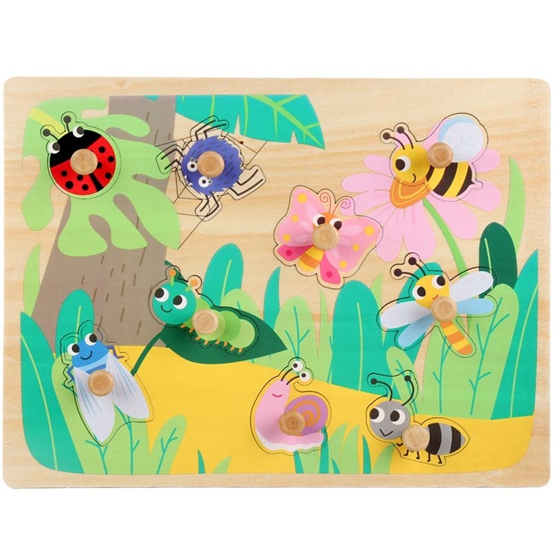 Puzzle Montessori Din Lemn Pentru Copii, 3D, 0-3 Ani, Model Insecte, Educativ, Intuitiv, Creativ, 9 Piese, 30X22.5X0.8 Cm, Multicolor - vivimall.ro