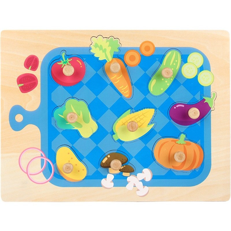Puzzle Montessori din Lemn pentru Copii, Flippy, 3D, 0-3 Ani, Model Legume, Educativ, Intuitiv, Creativ, 9 Piese, 30x22.5x0.8 cm, Multicolor