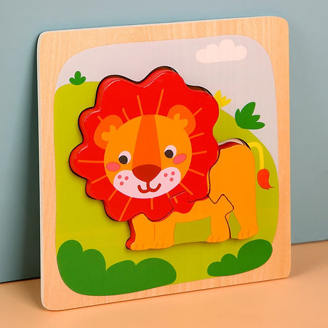 Puzzle Montessori Din Lemn Pentru Copii, 3D, 0-3 Ani, Model Leu, Educativ, Intuitiv, Creativ, 3 Piese, 15X15X0.5 Cm, Multicolor - vivimall.ro