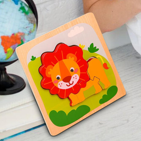 Puzzle Montessori Din Lemn Pentru Copii, 3D, 0-3 Ani, Model Leu, Educativ, Intuitiv, Creativ, 3 Piese, 15X15X0.5 Cm, Multicolor - vivimall.ro